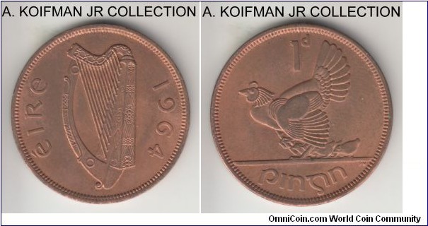 KM-11, 1964 Ireland penny; bronze, plain edge; common, red brown choice uncirculated.