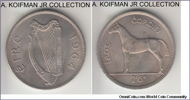 KM-16a, 1964 Ireland 1/2 crown; copper-nickel, reeded edge; pre-decimal issue, average uncirculated, a couple of carbon deposit spots on reverse.
