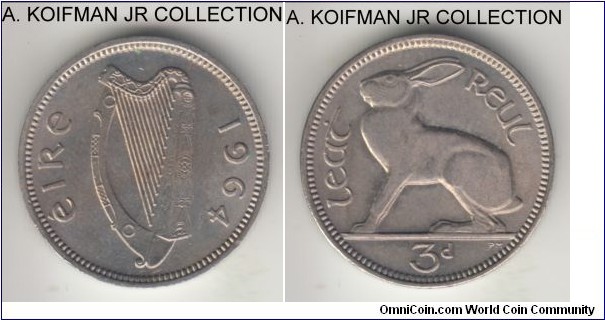 KM-12a, 1966 Ireland 3 pence; copper-nickel, plain edge; last pre-decimal type, uncirculated, toned reverse.