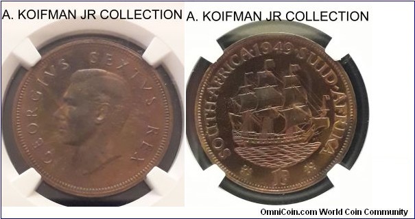 KM-34.1, 1949 South Africa (Dominion) penny; proof, bronze, plain edge; George VI, Dromedaris, mintage 800, toned mostly brown proof, NGC graded PF 64 RB.