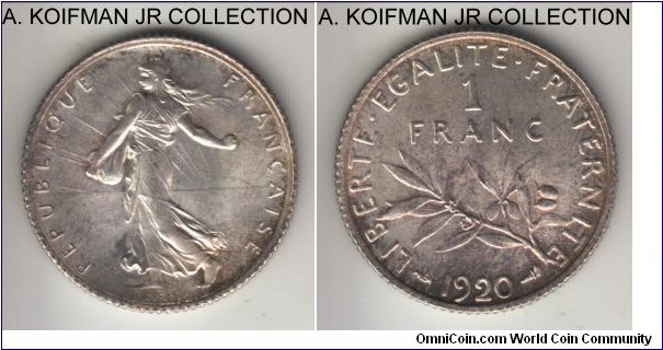 KM-844.1, 1920 France franc; silver, reeded edge; Sower type, last year of this common type, uncirculated with lots of luster and some peripheral toning.