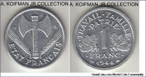 KM-902.2, 1944 France franc, Beaumont mint (B mint mark); aluminum, plain edge; Vichy French State issue, good extra fine.