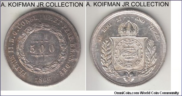 KM-464, 1866 Brazil (Empire) 500 reis; silver, reeded edge; Pedro II, almost uncirculated, cleaned.