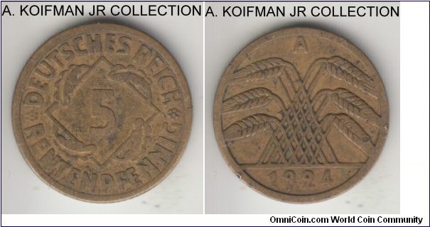 KM-32, 1924 Germany (Weimar Republic) 5 rentenpfennig, Berlin mint (A mint mark); aluminum-bronze, plain edge; early Weimar type, average circulated, good fine or so.