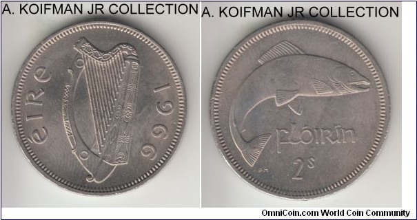 KM-15a, 1966 Ireland florin (2 shillings); copper-nickel, reeded edge; late pre-decimal, average uncirculated from contemporary aftermarket set.
