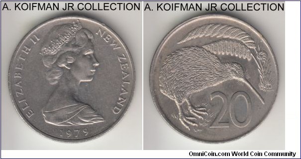 KM-36.1, 1979 New Zealand 20 cents; copper-nickel, reeded edge; Elizabeth II, decimal coinage, ubiquitous kiwi bird, average almost uncirculated - few bag marks.