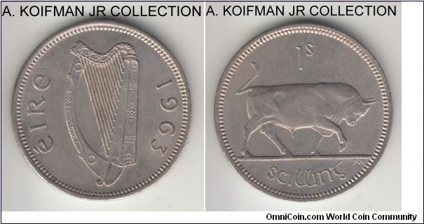 KM-14a, 1963 Ireland shilling; copper-nickel, reeded edge; average uncirculated or almost, a bit dirty.