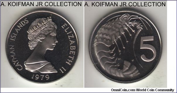 KM-2, 1979 Cayman Islands 5 cents, Franklin Mint (FM mint mark in monogram); copper-nickel, plain edge; Elizabeth II, one of the 4,247 proof minted, average proof with slight cameo.