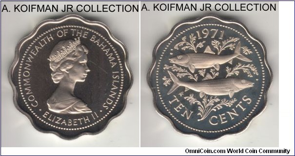 KM-18, 1971 Bahamas 10 cents, Franklin Mint (FM mint mark in monogram); proof, copper-nickel, scalloped flan, plain edge; Elizabeth II, proof strike with 31,000 minted, light reverse toning.