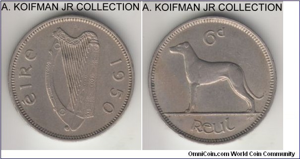 KM-13a, 1950 Ireland 6 pence; copper nickel, plain edge; pre-decimal Republican coinage, lightly toned and a bit dirty extra fine or about.