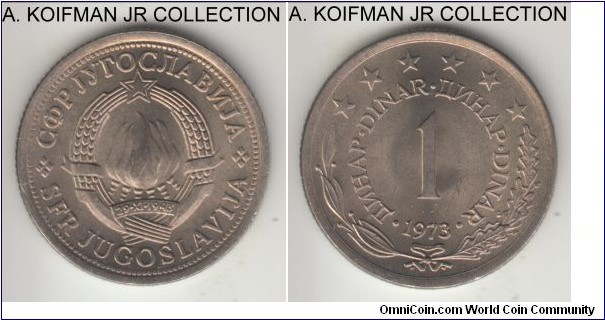KM-59, 1973 Yugoslavia (Socialist Federal Republic) dinar; copper-nickel, reeded edge; nice uncirculated.