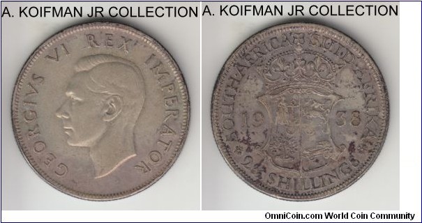 KM-30, 1938 South Africa (Dominion) 2 and 1/2 shillings; silver, reeded edge; George VI, smaller mintage year and scarcer, very fine details, some older cabinet toning.