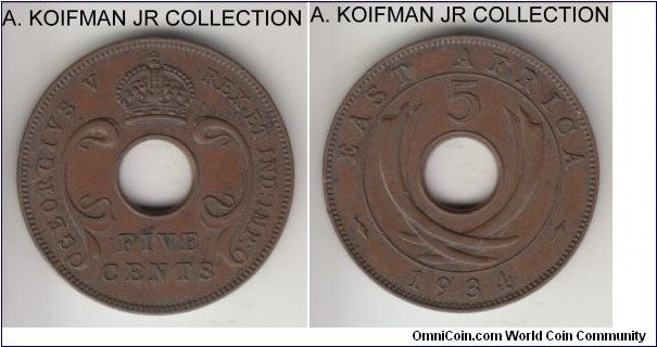 KM-18, 1934 East Africa 5 cents; bronze, holed flan, plain edge; George V, brown good extra fine.