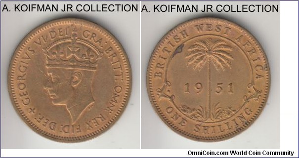 KM-28, 1951 British West Africa shilling, heaton mint (H mint mark); tin-brass, seciruty edge; George VI, last type, looks to be a Heaton issue with the weak H mint mark (or it coul;d be the palm tree roots), extra fine or alsmot, possibly old cleaning.