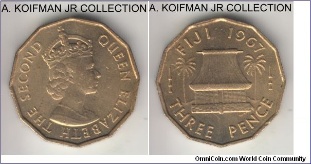 KM-22, 1967 Fiji 3 pence; nickel-brass, 12-sided flan, plain edge; Elizabeth II, bright average uncirculated, few bag marks.