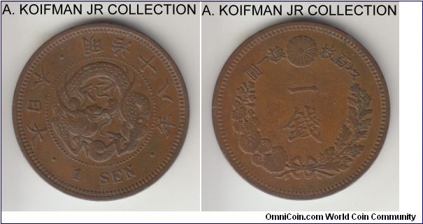 Y#17.2, Meiji Yr.18 (1885) Japan sen; copper, plain edge; Mutsuhito, decent very fine or so.