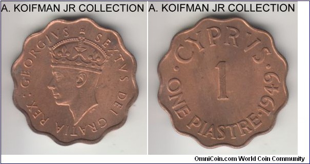 KM-30, 1949 Cyprus piastre; bronze, scalloped flan, plain edge; George VI, 1-year type, red uncirculated, just a hint of toning.