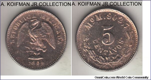 KM-400.2, 1904 Mexico 5 centavos, Mexico City mint (MoM mintmark); silver, reeded edge; Second Republic, common, nice bright uncirculated.