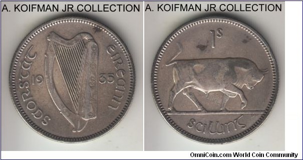 KM-6, 1935 Ireland shilling; silver, reeded edge; Irish Free State, one of the smaller mintage years, very fine details. cleaned.