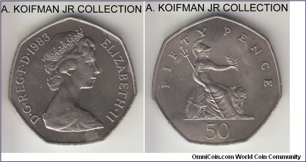 KM-932, 1983 Great Britain 50 new pence; copper-nickel, heptagonal (7-sided) flan, plain edge; uncirculated from the mint set, some toning.