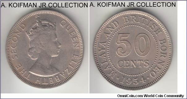 KM-4, 1954 Malaya and North Borneo 50 cents, Royal mint (no mint mark); copper-nickel, reeded security edge; Elizabeth II, uncirculated, obverse toning and weak flat strike on obverse.