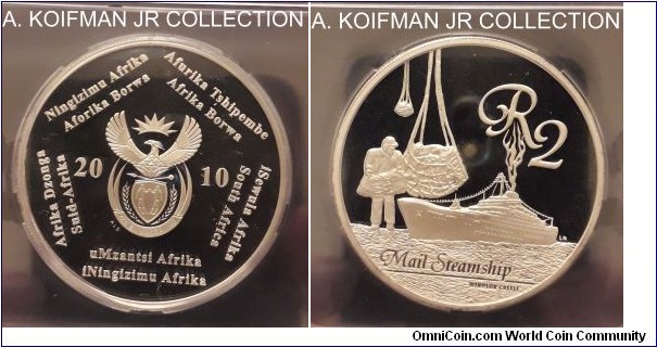 KM-538, 2010 South Africa 2 rands; proof, silver, reeded edge; Windsor Castle mail ship, from commemorative Marine History of South Africa series, mintage 903 in singles and sets, deep cameo, graded PF 68 by SANGS.