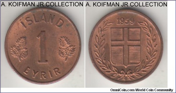 KM-8, 1959 Iceland eyrir, Royal Mint (London); bronze, plain edge; red brown uncirculated.