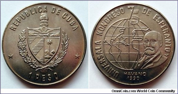 Cuba 1 peso. 1990, Esperanto Congress - Havana 1990. Cu-ni. Weight; 11,3g. Diameter; 29,9mm. Mintage: 6.000 pcs.