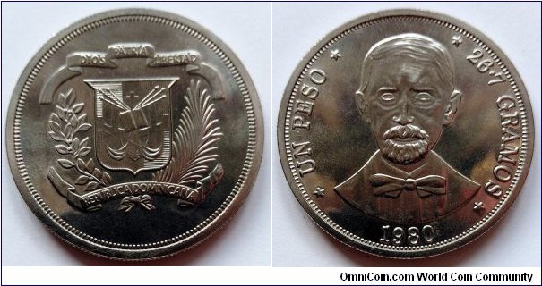 Dominican Republic 1 peso. 1980, Cu-ni. Weight; 26,7g. Diameter; 38,1mm. Mintage: 20.000 pcs.