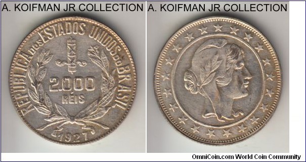 KM-526, 1927 Brazil 2000 reis; silver, reeded edge; Laureate Liberty type, extra fine details, lightly cleaned.