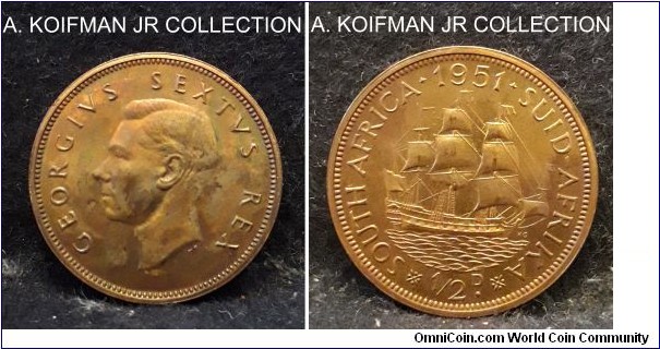KM-33.2, 1951 South Africa (Dominion) 1/2 penny; proof, bronze, plain edge; George VI, last type, mintage 2,000 in proof sets, mostly brown with storage box toning.