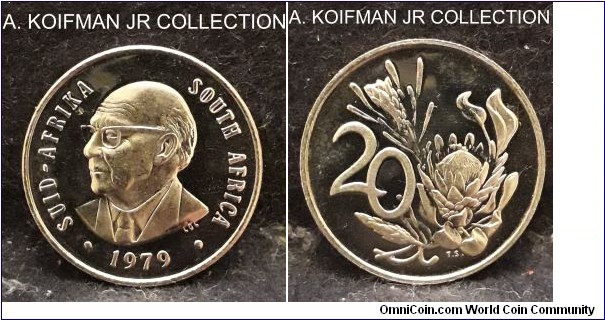 KM-102, 1979 South Africa (Republic) 20 cents; proof, nickel, plain edge; proof variety of the 1-year circulation commomorative issued for the edn of president Diedrich's term, brilliant cameo proof.