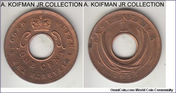 KM-35, 1957 East Africa cent, Heaton mint (H mint mark); bronze, holed flan, plain edge; Elizabeth II, red brown uncirculated.