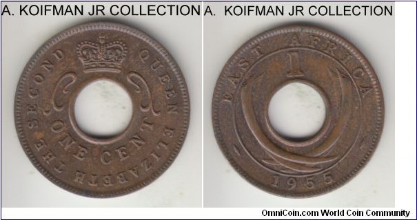 KM-35, 1955 East Africa cent, King Norton mint (KN mint mark); bronze, holed flan, plain edge; Elizabeth II, smaller mintage, darker brown uncirculated.