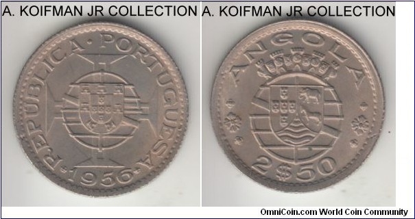 KM-77, 1956 Portuguese Angola 2 1/2 escudo; copper-nickel, reeded edge; mid-century colonial issue, relatively common, lightly toned choice uncirculated.