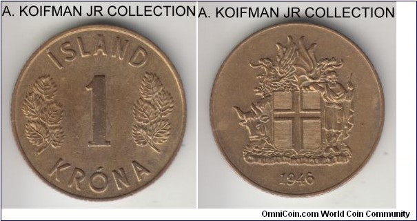 KM-12, 1946 Iceland krona; aluminum-bronze, reeded edge; first post-war and 1-year type, looks uncirculated or almost.