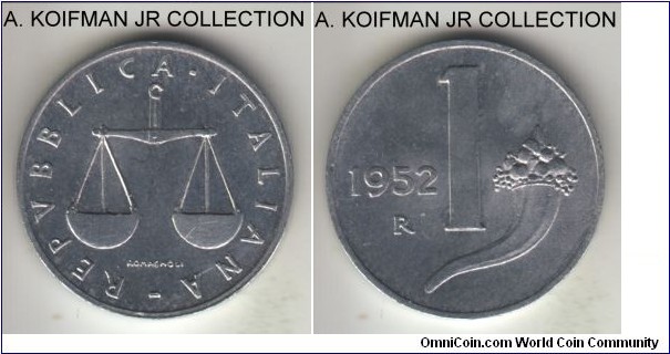 KM-91, 1952 Italy lira, Roma mint; aluminum, plain edge; bright uncirculated.