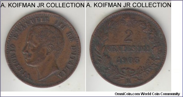 KM-38, 1903 Italy (Kingdom) 2 centesimi, Rome mint (R mint mark); bronze, plin edge; early Vittorio Emmanuele III, dark toned good fine.