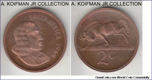 KM-66.1, 1969 South Africa (Republic) 2 cents; proof, bronze, reeded edge; English legend SOUTH AFRICA, mintage 12,000 in proof, light brown proof.