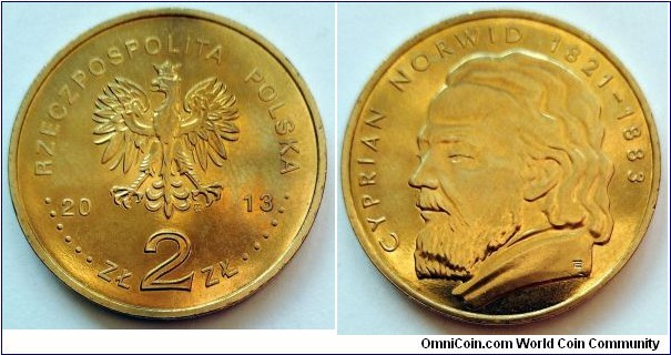Poland 2 złote. 2013, 130th Anniversary of the Death of Cyprian Norwid. Nordic gold. Weight; 8,15g. Diameter; 27mm. Mintage: 800.000 pcs.