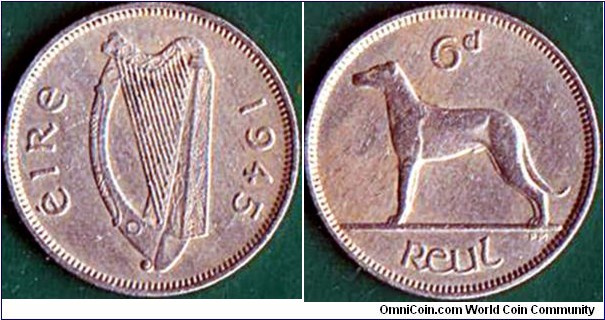 Ireland 1945 6 Pence.