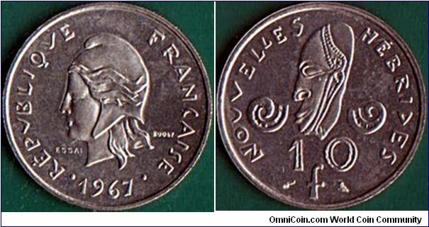 New Hebrides 1967 10 Francs.

Essai - pattern coin.