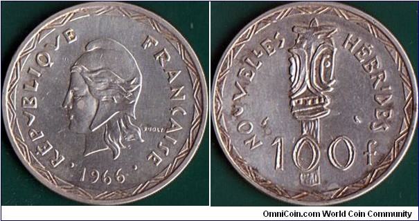 New Hebrides 1966 100 Francs.

Type coin.