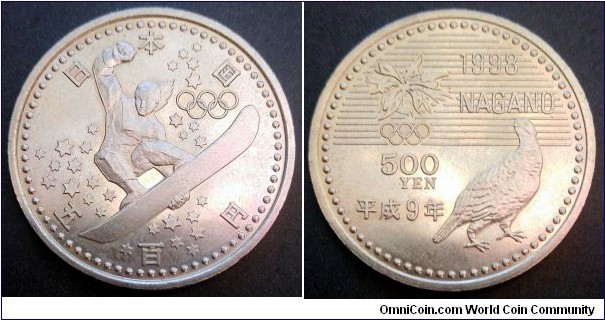 Japan 500 yen. 1998, Winter Olympics Nagano 1998 - Snowboard