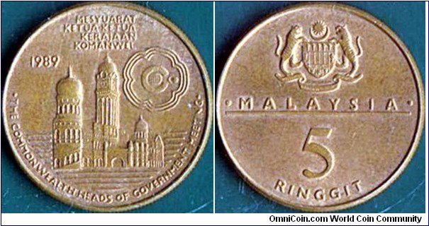 Malaysia 1989 5 Ringgit.

Commonwealth Heads of Government Meeting.