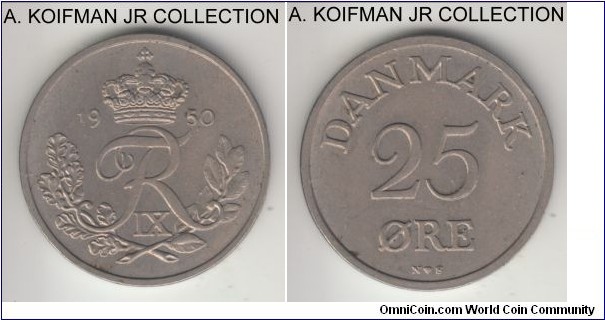 KM-84.1, 1950 Denmark 25 ore, Copenhagen mint (heart mintmark); copper-nickel, plain edge; Frederick IX, almost uncirculated.