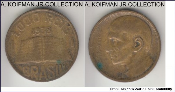 KM-541, 1938 Brazil 1000 reis; aluminum-bronze, reeded edge; circulation commemorative of Jose de Anchieta, average well circulated.