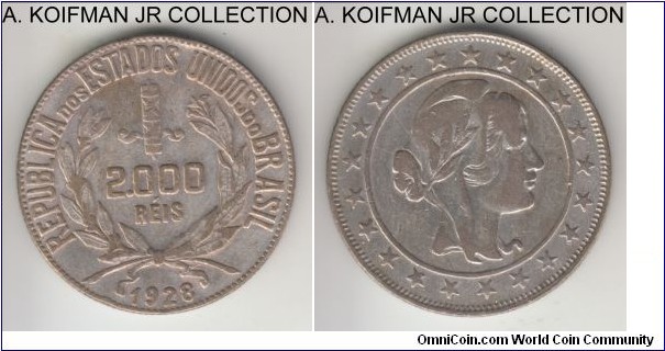 KM-526, 1928 Brazil 2000 reis; silver, reeded edge; Laureate Liberty type, very fine or slightly better.