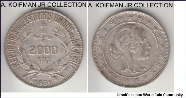 KM-526, 1931 Brazil 2000 reis; silver, reeded edge; late Republcian circulation silver coinage and smallest mintage, Laureate Liberty type, good very fine to about extra fine.