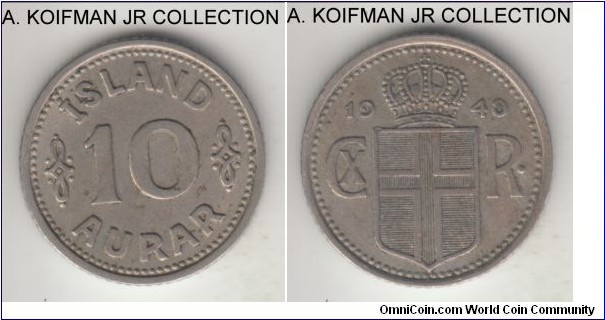 KM-1.2, 1940 Iceland 10 aurar, Royal Mint (London); copper-nickel, reeded edge; Christian X, very fine to good very fine.